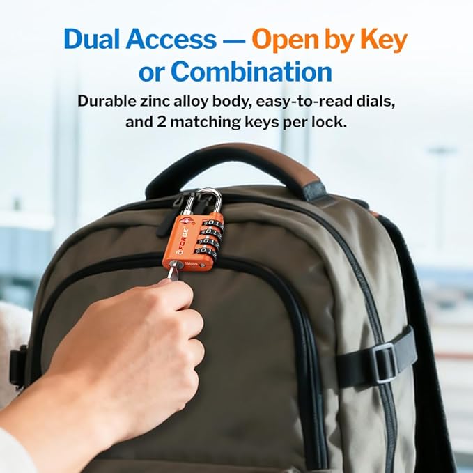 Forge Dual-Opening: Key or Combination Lock, TSA Approved Lock for Luggage, Pelican case, Travel, Gym, School, Luggage Combination Lock, Travel Bag Lock (Orange 2 Locks and 2 ID)