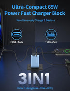 2Pack 65W USB C Charger Block, 3Port Fast Charging Adapter, Type C Fast Charging Blocks Cube PD USBC Wall Plug+QC3.0 USB A Charger Brick for MacBook Pro/Air,iPad,iPhone 17/16,Samsung S26/S25&More-Blue