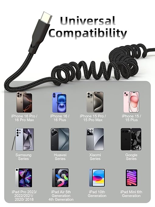 Quickeep Car Carplay Cable 3ft Coiled USB A to USB C Fast Charge Cord for iPhone 16/15/Plus/Pro Max/MacBook Pro, Auto Coiled Retractable iPhone Car Cord