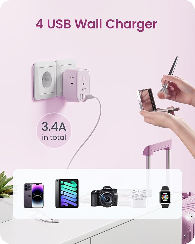 European Travel Plug Adapter, LENCENT US to Europe Type-C Foldable Power Plug with 4 Outlets 4 USB Ports (2 USB C), Power Adaptor for USA to EU Euro Iceland Spain Italy France Germany Greece, Pink