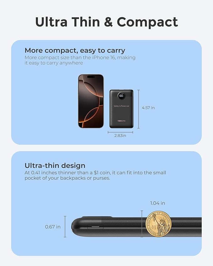 VEEKTOMX Portable Charger Built-in Cables, Slim Power Bank for iPhone, Fast Charge USB C Battery Pack Travel Essentials Phone Charger Compatible with iPhone 17/16/15/14, Samsung S25/24