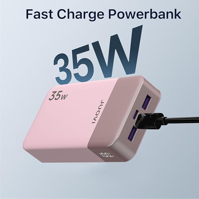 JUOVI J2651 Portable Charger, 35W 20000mAh USB C in & Out Power Bank, Battery Pack with QC4.0+PD3.0 35W High-Speed Charging for Bluetooth Earbud, Mobile Phone, Tablet (Pink)