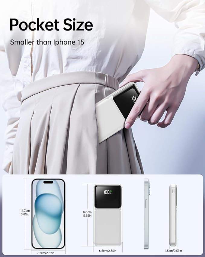RONEGN Portable Charger with Built in Cable - Power Bank Fast Charging 22.5W USB C 10000mAh LED Display Travel Battery Pack 5 Outputs & 3 Inputs for iPhone Samsung Android iPad Phones Tablets etc