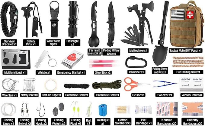 LUXMOM Emergency Survival Kit and First Aid Kit, 142Pcs Professional Survival Gear and Supplies Equipment with Molle Pouch, Gift for Christmas Men Dad Husband Camping Hiking Hunting Outdoor Adventure