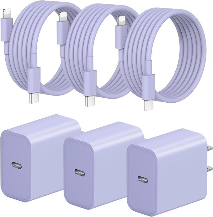 iPhone Fast Charger 3+3Pack 20W USB C Wall Charger with 6FT Fast Charging Cable Compatible with iPhone 14/13/12/11/Pro/Pro Max-Purple