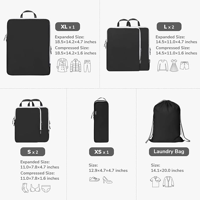 CherryNow Compression Packing Cubes, 7 Set Packing Cubes for Travel, Suitcase Organizers, Luggage Essentials, Travel Bags for Shoes, Clothing, Black