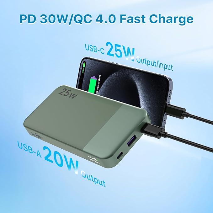 NOBIS Portable Charger, 10000mAh Power Bank Fast Charging, Battery Pack with C to C Cable, Battery Bank with Digital Display for iPhone iPad Android etc