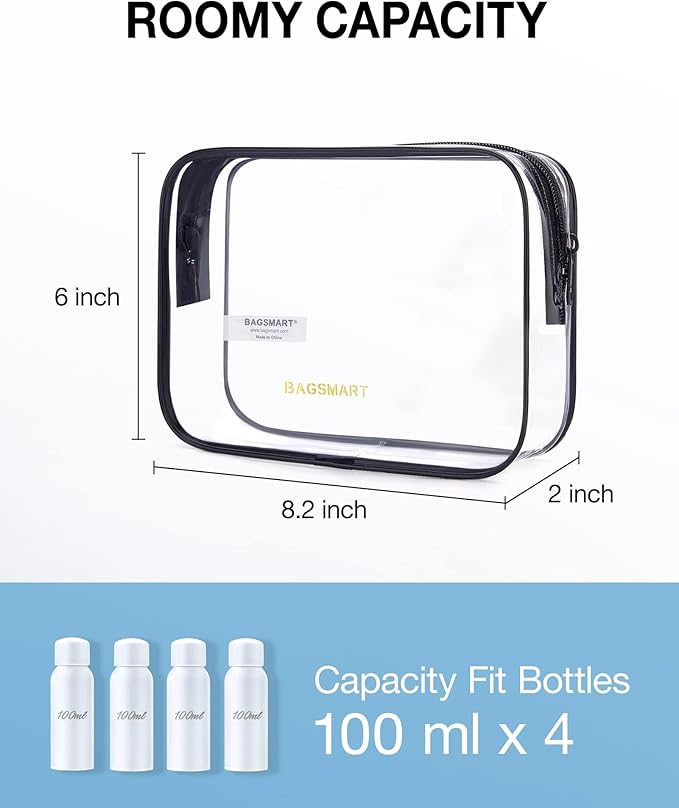 BAGSMART Clear Toiletry Bag, 2 Pack TSA Approved Travel Toiletry Bag Carry on Travel Accessories Bag Airport Airline Quart Size Bags Water Repellent Makeup Cosmetic Bag for Women (White-2pcs)