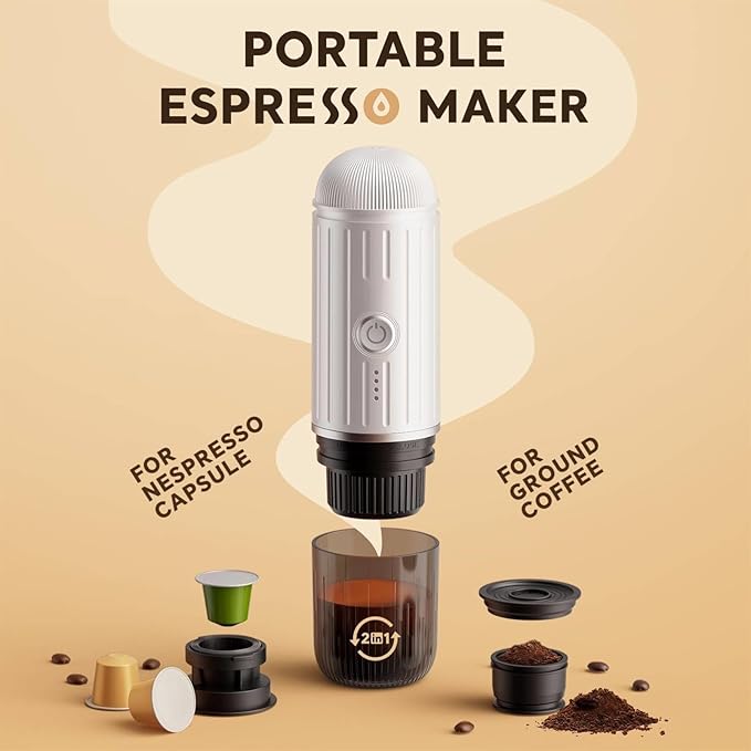 Portable Electric Espresso Machine Self-heating with USB-C, 12V 7800mAh Long battery life Travel Coffee Maker for Camping Hiking Office Car Compatible with NS Capsules & Ground Coffee