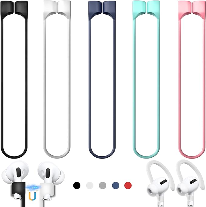 【5 Pack】Ultra Strong Magnetic Airpods Straps Anti-Lost Cord for AirPods 1st& 2nd/ AirPods 3rd /AirPods Pro 1st/ 2nd,Silicone Sports Lanyard and Ear Hook-5 Straps +1 Pair EarHook