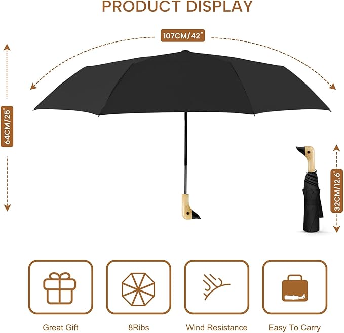 Compact Small Umbrellas for Rain&Sun, Cute Design Duck Head Umbrella for Girls Gifts, 8 Ribs Folding Umbrella with Wooden Handle