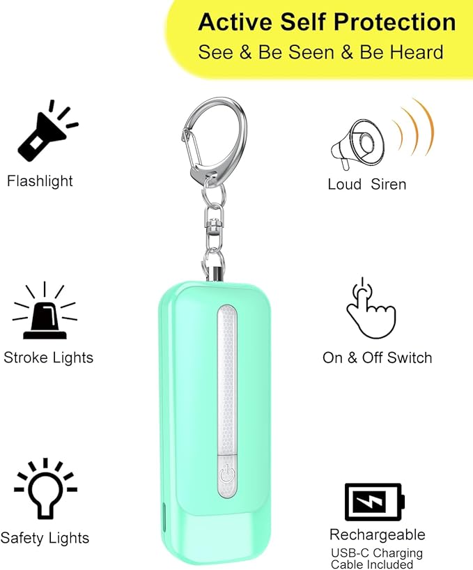 Personal Alarm for Women, Rechargeable with Safety Lights & Low Battery Notice, 130dB Siren with LED Flashlight Strobe Light for Emergency, Dual Light Sources Safety Keychain