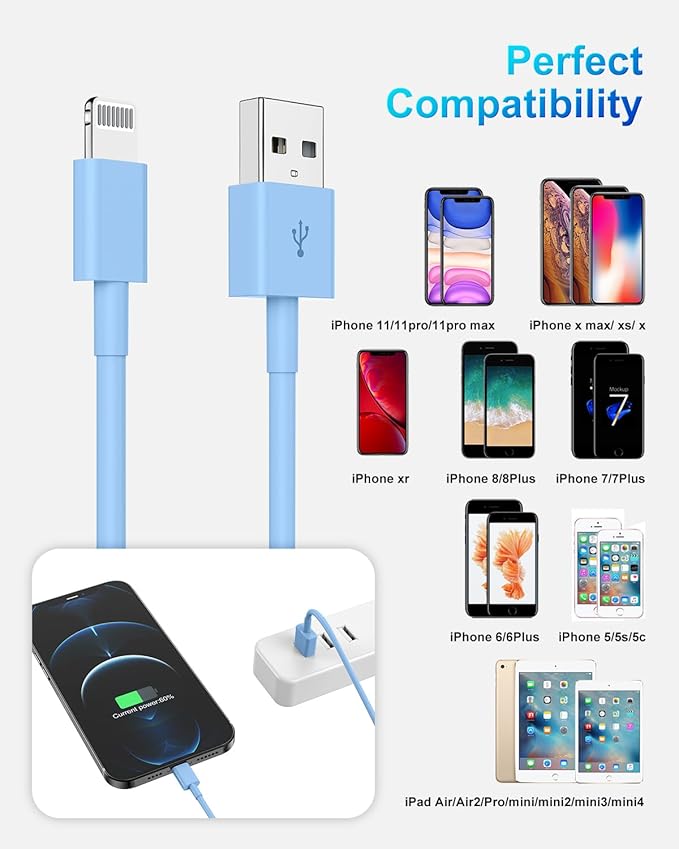 4 Pack [Apple MFi Certified] Apple Charging Cables 6ft, iPhone Chargers Lightning Cable 6 Foot, Fast iPhone Charging Cord for iPhone 14/14Pro/13/13Pro/12/11/11Pro/11Max/ X/XS/XR/XS Max/8, ipad(Blue)
