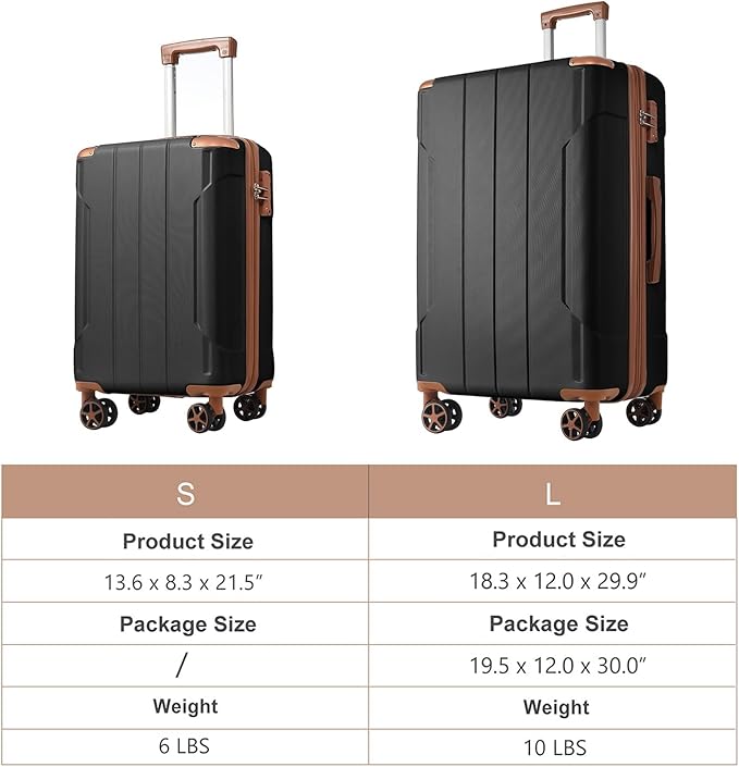2 Piece Luggage Set, Hardside Suitcase with Spinner Wheels, TSA Lock & Expandable Hard Shell, Carry on and Checked Luggage for Travel, Maletas de Viaje for Men & Women (Black Brown, 20+28Inch)