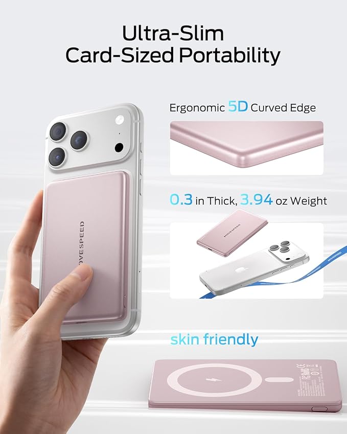 MOVE SPEED 0.3'' Ultra Slim MagSafe Portable Charger, 5000mAh Magsafe Battery Pack iPhone 17 Air Accessories, Magnetic Power Bank with USB C Port for iPhone 17 Pro Max Air/16/15/14/13/12, Pastel Pink