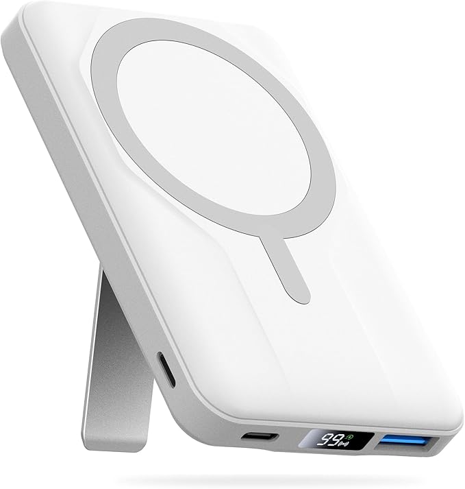 Azmuth Magnetic Power Bank,10000mAh for MagSafe Battery Pack, 22.5W PD Fast Charging,LED Display & Foldable Stand Wireless Portable Charger for iPhone 17/16/15/14/13/12/Pro/Pro Max/Plus,Pearl White