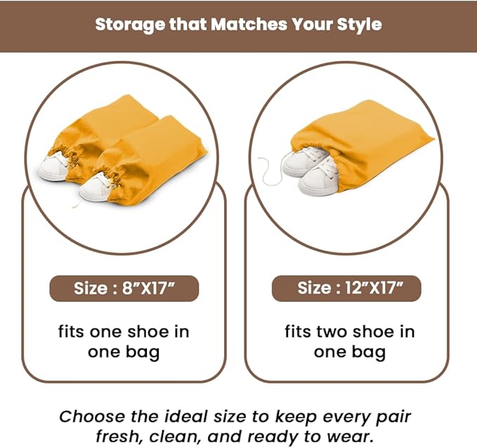 LFH Cotton Rich Shoe Storage Bags with Drawstring, Dustproof Breathable Reusable Organizer, Perfect For Travel, Dorm, Hotel, College, Gym, Easy to Carry, Machine Washable 12"x17" (Pack of 2) - Golden