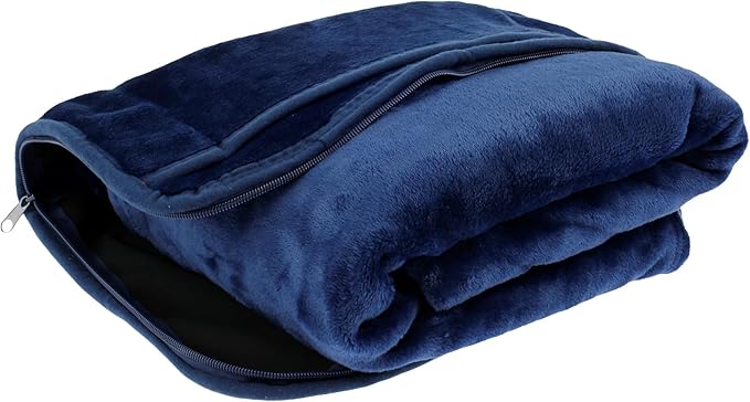 Travel Blanket, 2 in 1 Soft Flannel Airplane Blanket Warm Travel Blanket Pillow with Luggage Strap and Buckle, Portable Compact Flight Blanket for Cars Airplanes Camping 63x39 Inch (Navy)