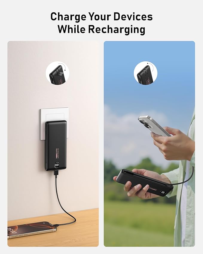 Portable Charger Power Bank Built in Cables and Wall Plug, 10000mAh iPhone Battery Pack Fast Charging, USB C External Slim Power Bank, Travel Essentials Compatible with iPhone 17 16 15 14 iPad, Black