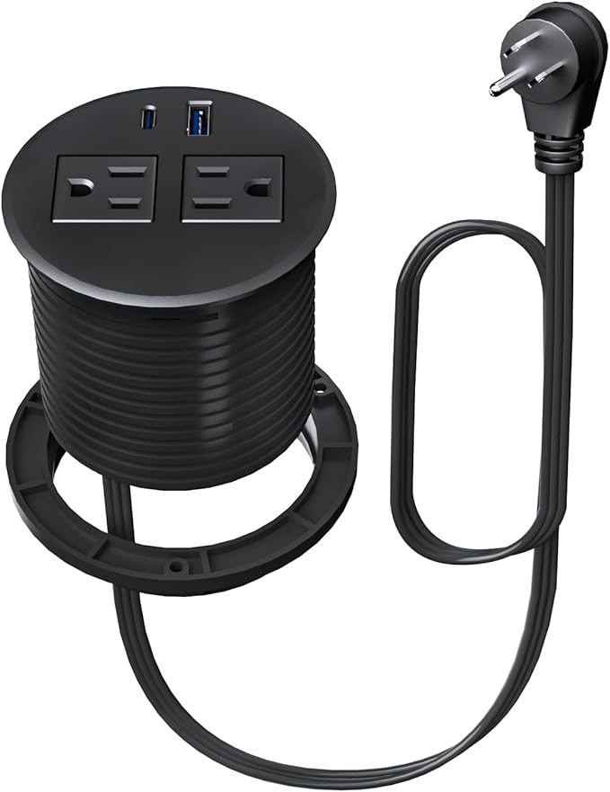 Desktop Power Grommet with 20W USB C Fast Charging, 3 inch Flush-Mount Recessed Power Strip for Desk,Office Tables,Furniture, Recessed Outlet 6FT Cord, 45° Thin Flat Plug, 2 USB Ports, Black