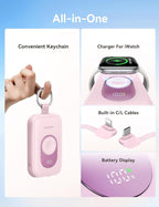 RORRY CharmGo Portable Charger, 20000mAh PD 30W Portable Charger Power Bank with 2 Built-in Cables, Fast Charging Battery Pack with Keychain, Travel Essentials for iPhone, Apple Watch, iPad, Coral