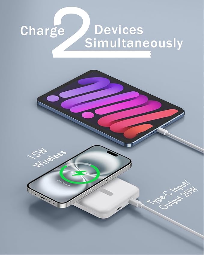 podoru for Magsafe Battery Pack, 5000mAh Magnetic Power Bank with Type-C Cable 20W PD Fast Charging Lighting Input Wireless Portable Charger for iPhone 17/16/15/14/13/12/ All Series-Snow White