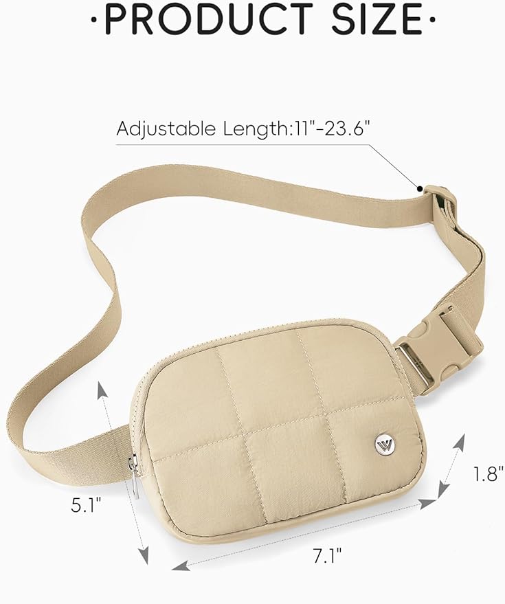 WESTBRONCO Puffer Fanny Packs for Women Quilted Nylon Waterproof Belt Bag with 2 Zipper, Puffy Crossbody Bag with Adjustable Strap, 1L Waist Bag for Travel Daily
