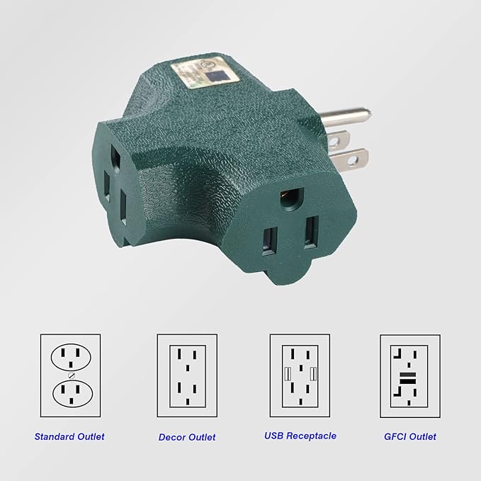 3 Outlet Adapter [UL Listed] 3 Way Outlet Splitter - 3 T-Shaped Adapter Outdoor Power Splitter Grounded Wall Tap Adapter Heavy Duty (4, green)