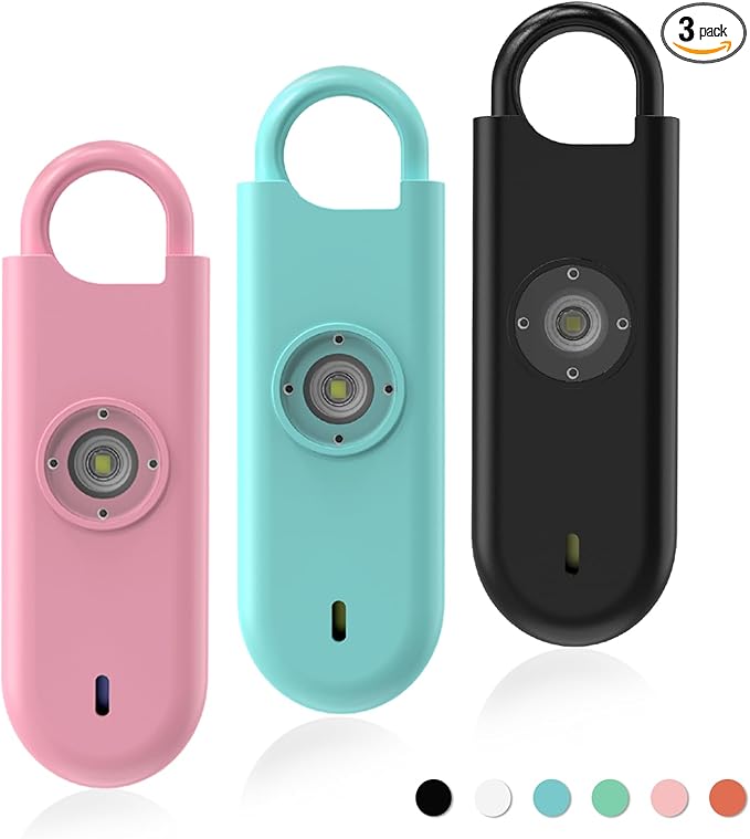 Fauxomor 140dB Personal Safety Alarm for Women, 3 Pack Safe Alarm Protection Keychain with Strobe Light & Low Battery Notice, Security Siren Self Defense for Seniors College Girls, Pink+Blue+Black