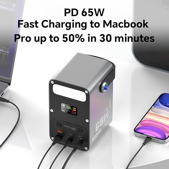 Power Bank 60000mAh Power Station High Capacity Fast Charging PD 65W LiFePO4 Portable Outdoor Generator with DC 12V/3A Output & LCD Display Battery Bank for iPhone 17, Samsung, iPad,MacBook & Camping