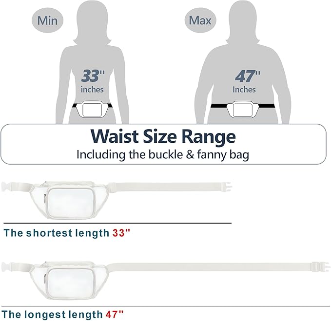 Veckle Clear Fanny Pack Stadium Approved - Adjustable 33-47 Inch Strap, Transparent Belt Bag for Women Men Fits 7.5-inch Smartphone, Waist Bag Clear Bag for Stadium Events, Sport, Concerts, White