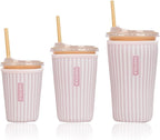 Reusable Insulated Neoprene Iced Coffee Cup Sleeve, Durable Drink Sleeve for Cold Beverages, Beverage Holder for Iced Coffee, Pink Stripes