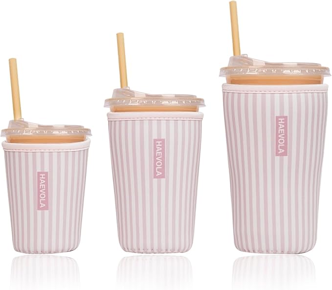 Reusable Insulated Neoprene Iced Coffee Cup Sleeve, Durable Drink Sleeve for Cold Beverages, Beverage Holder for Iced Coffee, Pink Stripes