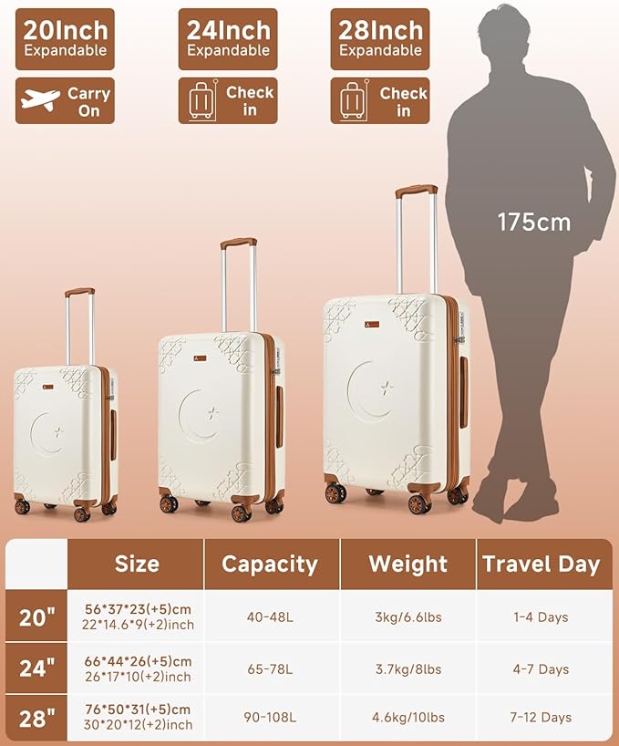 Somago Expandable Carry On luggage with Shock-Absorbing Braking Spinner Wheels Moon Star Design Hard Shell Suitcase with Cupholder TSA Lock (White,Expandable 20 Inch)