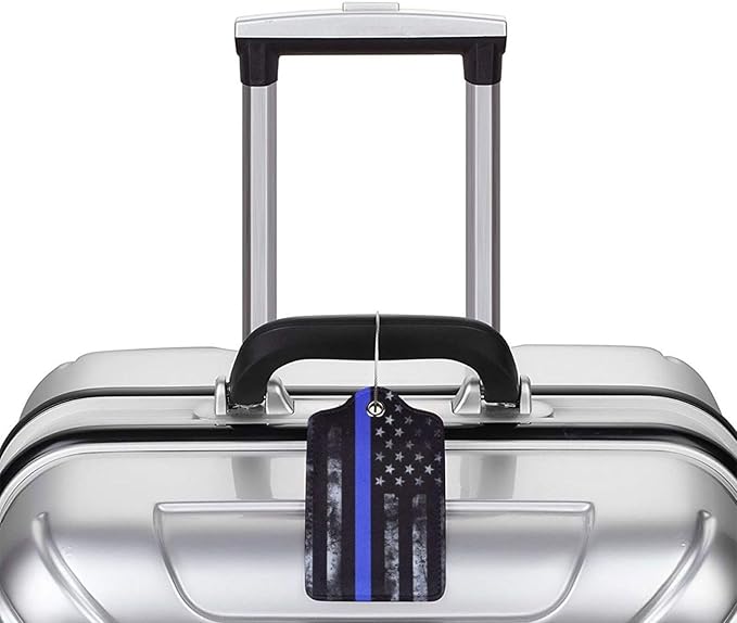 2 Pack Luggage Tags for Suitcases, PU Leather Bag Tag with Privacy Cover Address Card Travel Essentials-Blue Line American Flag