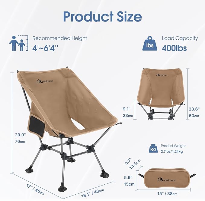 MOON LENCE Camping Chair Plus, Upgraded Comfort & Size, Still Compact and Lightweight, Folding Portable Chair for Backpacking & Hiking, 400Lbs Capacity, Gen 3 Plus (Khaki)