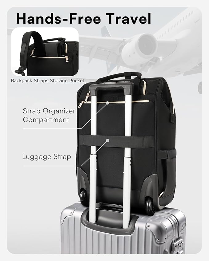 Rolling Backpack for Women, Travel Backpack with Wheels, Vertical Storage Wheeled Laptop Backpack, Overnight Underseat Carry on Luggage for College Business Work, Stylish Rolling Laptop Bag, Black