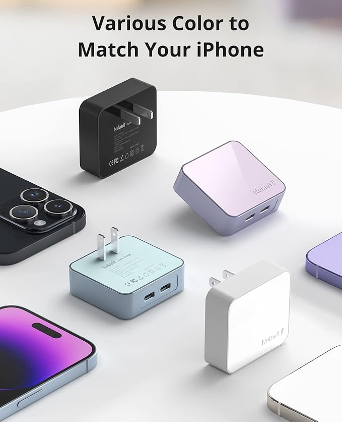 Nekmit Dual Port USB C Wall Charger, 40W PD Fast Charging USB C Wall Plug Adapter, Flat Thin Slim Charger Block for iPhone 17/17 Pro/17 Pro Max, Galaxy, MacBook Air, iPad, AirPods and More