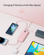 VRURC Portable Charger Power Bank, 10000mAh Travel Essentials Battery Pack, Compact USB C Charging Bank Built-in Cables Cords Compatible with iPhone 17 Pro 17 16 15 14 13,Samsung-Pink(1 Pack)