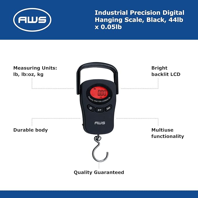 American Weigh Scales PK-110 Digital Hanging Scale – 110lb x 0.1lb Capacity, Red Backlit LCD Display, Portable Electronic Luggage & Fishing Scale (Black)