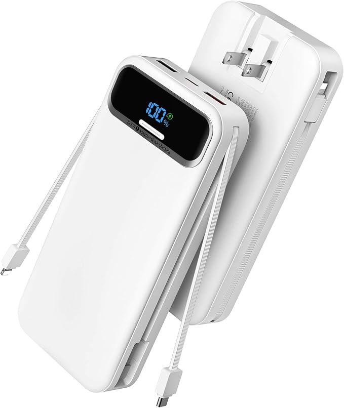 Portable Charger, 20000mAh 22.5W Fast Charging Power Bank with Built-in Cables & Wall Plug, Travel Essential External Battery Pack with LED Display, USB C Battery Phone Charger for iPhone iPad White
