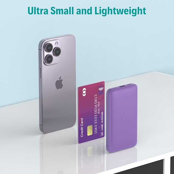 Sethruki Smallest Portable Charger with Built-in Cables 5000mAh,Ultra Slim Power Bank,Mini High Speed External Battery Packs,Lightweight USB C Phone Charger for iPhone Samsung Google Android (Purple)