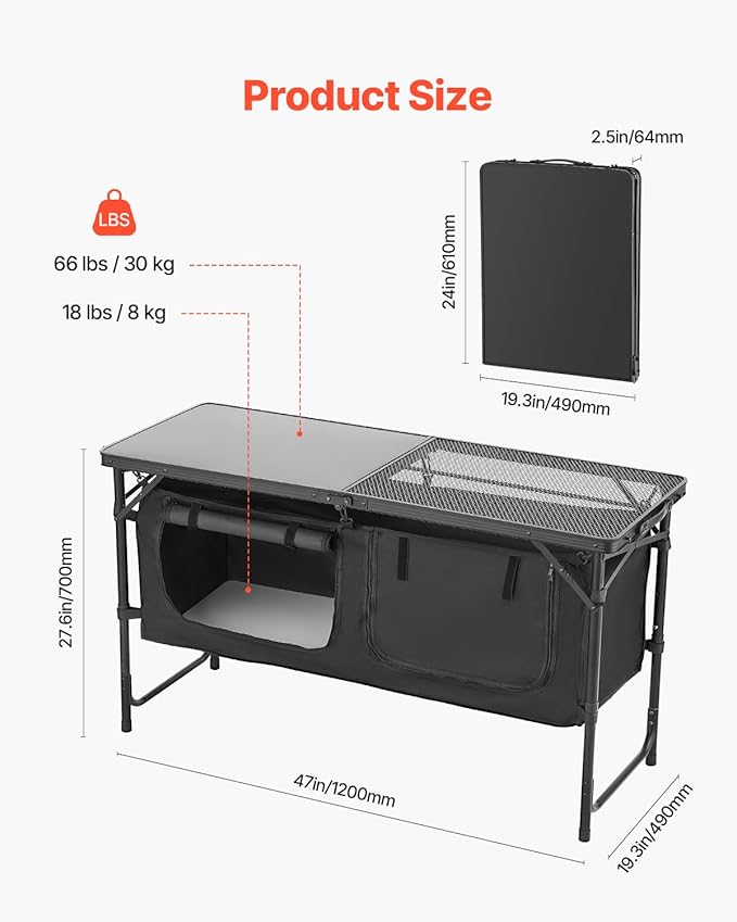 VEVOR Camping Kitchen Table, Folding Outdoor Cooking Table, 3 Adjustable Heights, Aluminum Lightweight Portable Cook Station with Storage Organizer, Carry Handle, for BBQ Party Picnic RV Travel, Black