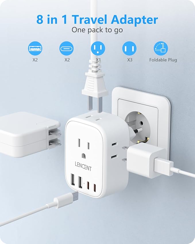 2 Pack European Travel Plug Adapter, LENCENT US to Europe Type-C Foldable Power Plug with 4 Outlets 4 USB Ports (2 USB C), Power Adaptor for USA to EU Euro Iceland Spain Italy France Germany Greece