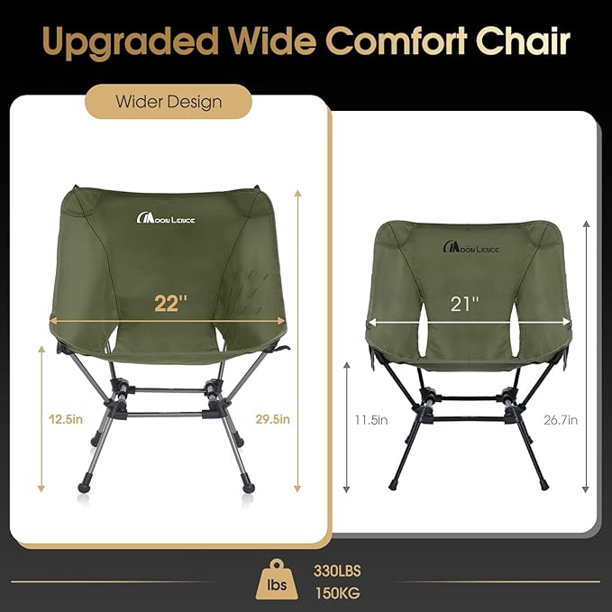 MOON LENCE Portable Camping Chair Plus, Larger & Roomier, Compact and Lightweight Still, Folding Chair for Backpacking & Hiking, 330Lbs Capacity (Moss Green)