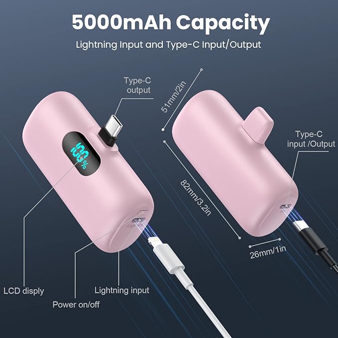 Feob Mini Portable Charger 5000mAh Power Bank,15W PD USB C Cell Phone Portable Power,LCD Display Battery Pack Compatible with iPhone 17/Air/17 Pro/17Pro Max/16/15 Android/Samsung/Moto(Type-C Only)