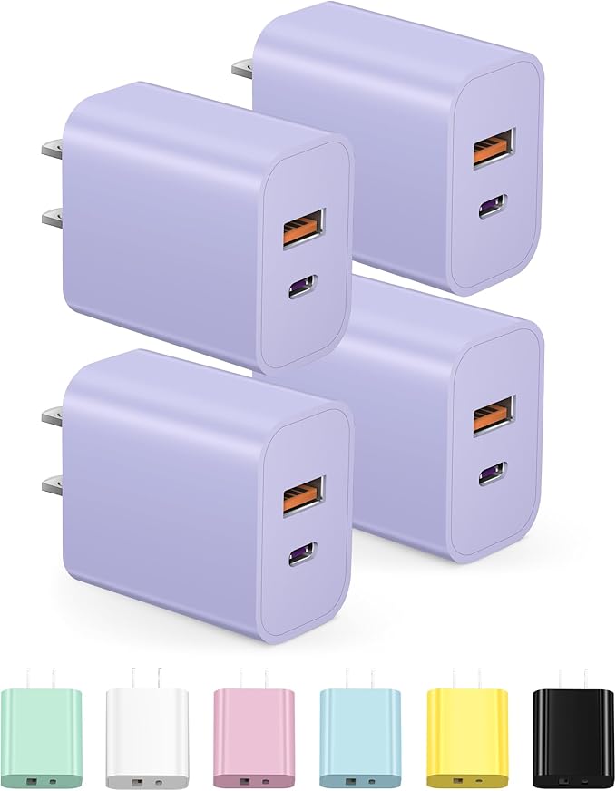 [4 Pack] USB C Charger Block Charging Block Type C Charger 20W Wall Chargers for iPhone Air/17/17 Plus/17 Pro Max/16/16 Plus/16 Pro Max/15/15 Max/14/13/12/Samsung(Purple)