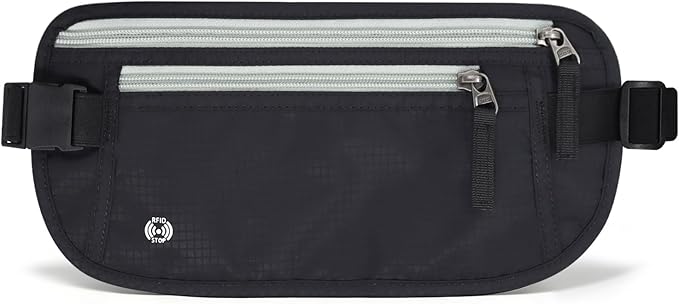 FuninCrea Waterproof Hidden Money Belt for Travel, Anti-Theft Belt Bag with RFID Blocking Function Adjustable Slim Waist Bag with 2 Zipper Pockets & 1 Back Pocket for Travel Running (B, Black & Grey)