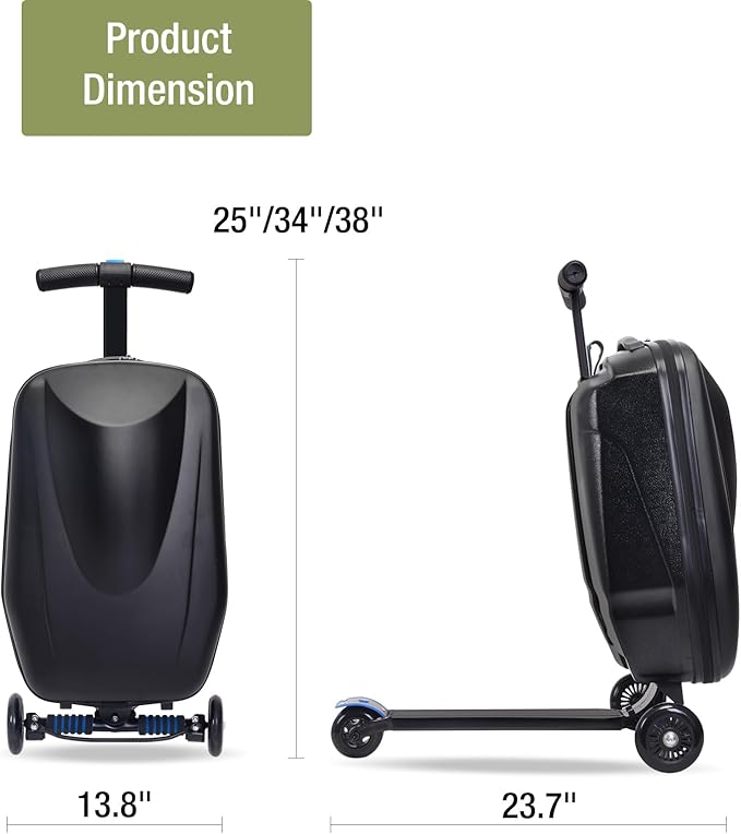2-in-1 Ride-On Scooter Suitcase for Kids & Adults, 20” Foldable Hardshell Carry-On Luggage for Travel, Lightweight Kids Scooter Bag with Wheels