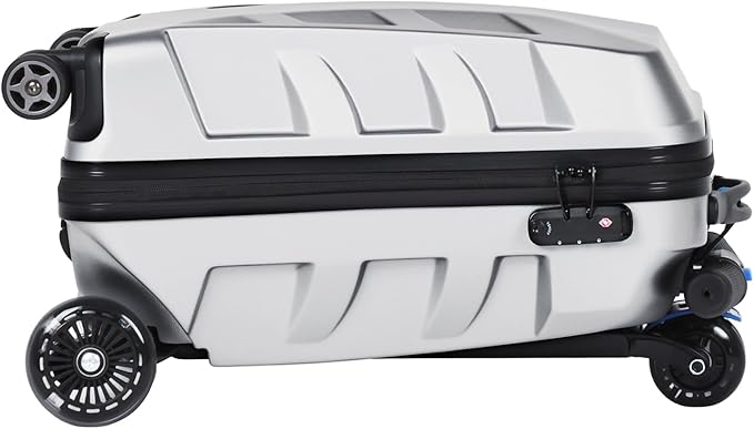 Scooter Suitcase for Kids & Adults，3-D Hardshell Ride On Scooter Luggage with Led Light Up Wheels，TSA Lock，Lightweight Foldable Carry On Rideable Suitcase for Children Teenagers (Silver, 21-inch)